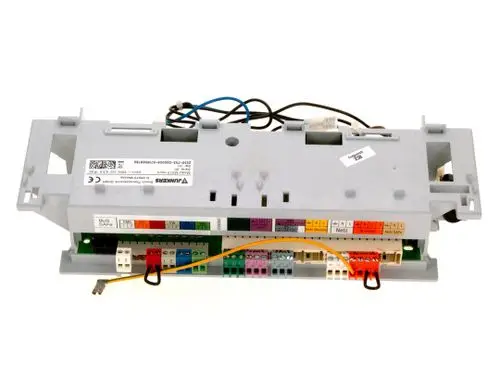 Graues Kontrollmodul mit farbigen Anschlussklemmen. Kabelverbindungen sind sichtbar. Es handelt sich um ein Produkt der Marke Bosch.